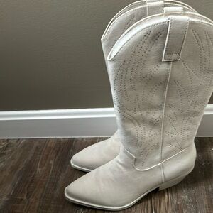 New white suede cowgirl boots with gemstone detail